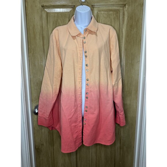 Soft Surroundings Gauzy Top Women PL Button Up Ombre Tangerine Peach Beach Shirt - Picture 1 of 8